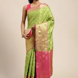 Silk Land Green & Golden Zari Banarasi Saree-image-12