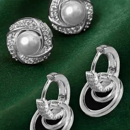 AMI Set of 2 Silver-Toned & White Circular Studs Earrings-picture-23