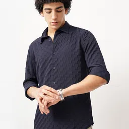 British Club Men Comfort Spread Collar Textured Slim Fit Casual Shirt-image-98