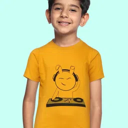 BRATMA Kids Mustard Yellow & Black Printed Cotton T-shirt-picture-48