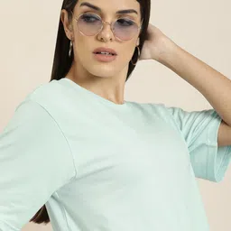 DILLINGER Women Blue Solid Pure Cotton Oversized T-shirt-image-5