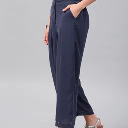WISHFUL by W Women Navy Regular Fit Solid Parallel Trousers image 4