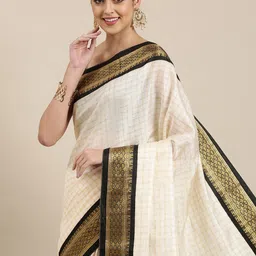 KALINI White & Black Checked Zari Silk Cotton Saree image 2