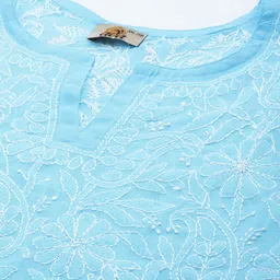 ADA Turquoise Blue & White Ethnic Motifs Embroidered Plus Size Chikankari Kurti image 5