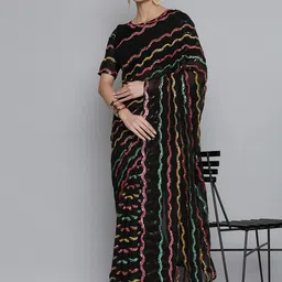 HERE&NOW Black & Pink Striped Sequinned Pure Georgette Saree image 4