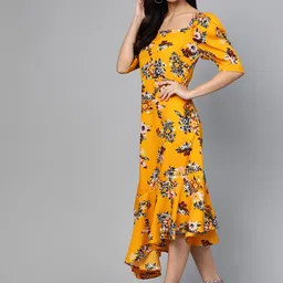plusS Women Mustard Yellow & Black Floral Print A-Line Dress image 2