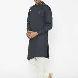 Manu Men Navy Blue & Off-White Printed Straight Kurta image 3