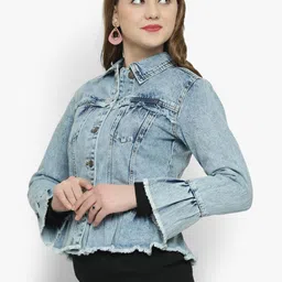 Kotty Women Blue Solid Denim Jacket image 5