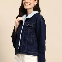 Mast & Harbour Women Faux Fur Trim Pure Cotton Denim Jacket image 4