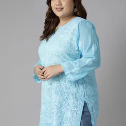 ADA Turquoise Blue & White Ethnic Motifs Embroidered Plus Size Chikankari Kurti image 4
