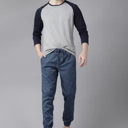 Roadster Men Navy Blue & Black Geometric Printed Pure Cotton Joggers image 4