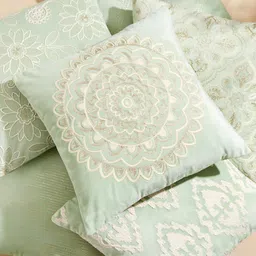 Home Centre Endura Green & Beige Geometric Embroidered Velvet Square Cushion Cover image 4