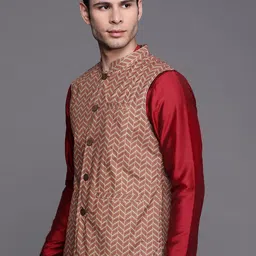 Indo Era Men Maroon & Sage Green Geometric Printed Ethnic Nehru Jackets image 3