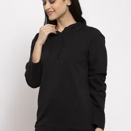 DOOR74 Women Black Solid Hooded Sweatshirt image 5