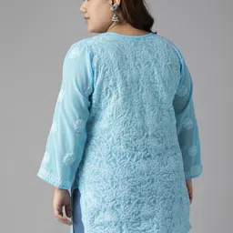 ADA Turquoise Blue & White Ethnic Motifs Embroidered Plus Size Chikankari Kurti image 3