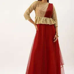 Ethnovog Women Red Embroidered Layered Ethnic Maxi Dress-image-80
