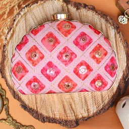 ARTKLIM Pink & Red Embroidered Half Moon Clutch-picture-14