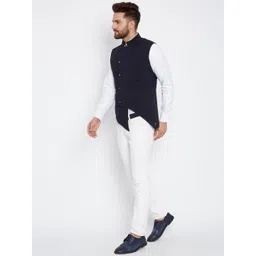 Hypernation Men Navy Blue Woven Design Pure Cotton Nehru Jacket image 5