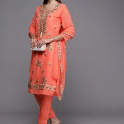 Mitera Peach-Coloured Embroidered Unstitched Dress Material image 4