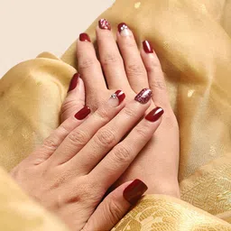 LICK 30 Pcs Glossy Glitter & Stone Fake nails-Artificial Nails-Press On Nails - Maroon image 3