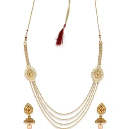 ANIKAS CREATION Gold-Plated Beige Stone-Studded Ball Chain-Style Multilayer Jewellery Set image 3