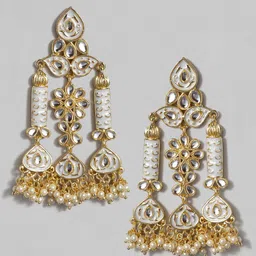 Rubans Gold-Plated & White Kundan & Pearls Studded Classic Drop Earrings image 3