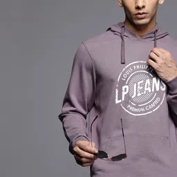 Louis Philippe Jeans Men Lilac & White Printed Pure Cotton Hooded Sweatshirt-picture-38