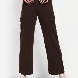 Broadstar Dark Brown Denim Relaxed Fit High Rise Cargo Jeans-image-0