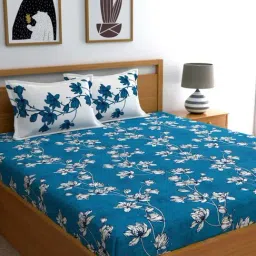 Dreamscape Blue & White Cotton 144 TC King Bedsheet with 2 Pillow Covers-image-58