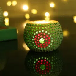 Homesake Round Mosaic Embellished Green Glass Tea Light Candle Holder - Set of 2-picture-13