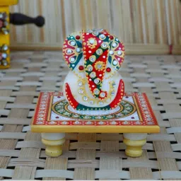 eCraftIndia Lord Ganesha on Kundan Studded Marble Chowki image 1