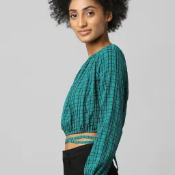 Only Green Check Round Neck Crop Top image 3