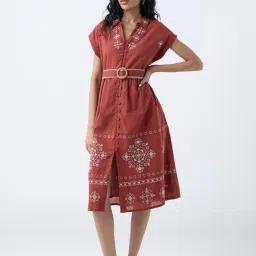 Bombay Paisley by Westside Rust Cotton Shirt Dress with Belt-image-8