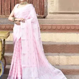 Elora Pink Linen Printed Saree With Unstitched Blouse-image-71