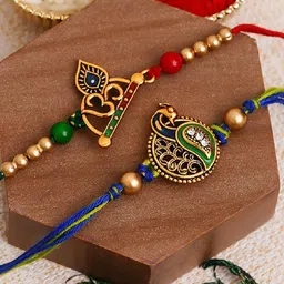 eCraftIndia Set of 2 Om & Peacock Designer Religious Rakhis with Roli Chawal image 3
