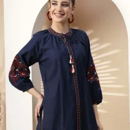 Nayam By Lakshita Blue Cotton A-Line Embroidered Kurti image 3