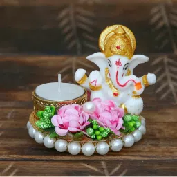 eCraftIndia Lord Ganesha Idol on Decorative Plate with Tea Light Holder image 1