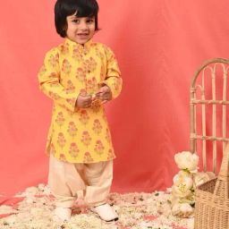 VASTRAMAY Boys Mustard & Cream Floral Full Sleeves Kurta Sets-picture-37