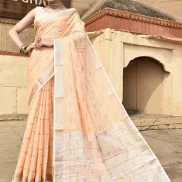 Elora Orange Linen Printed Saree With Unstitched Blouse-image-15