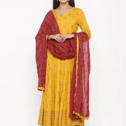 Kipek Mustard Yellow Rayon Printed Kurta with Dupatta image 1