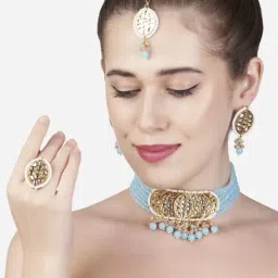 Zaveri Pearls Blue Peach Multistrand Kundan Choker Necklace Earring Maangtikka Ring Set-ZPFK13571-picture-47