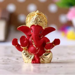 eCraftIndia Gold Plated Red Mukut Ganesha Decorative Showpiece for Home/Temple/Office/Car Dashboard image 1