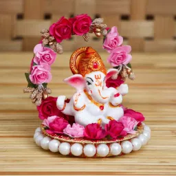 eCraftIndia Lord Ganesha Idol on Decorative Handcrafted Plate with Throne of Pink and Red Flowers image 2