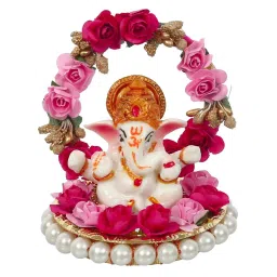 eCraftIndia Lord Ganesha Idol on Decorative Handcrafted Plate with Throne of Pink and Red Flowers image 3