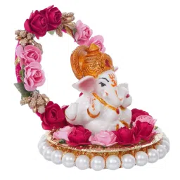 eCraftIndia Lord Ganesha Idol on Decorative Handcrafted Plate with Throne of Pink and Red Flowers image 5