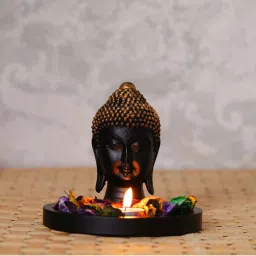 eCraftIndia Decorative Black and Golden Buddha Head with Wooden Base, Fragranced Petals and Tealight image 1