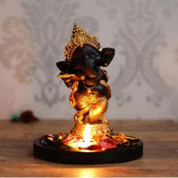 ecraftindia Golden and Black Lord Ganesha Dancing Avatar Showpiece with Base, Fragranced Petals and Tealight image 2