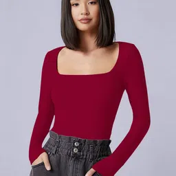 Maheshvi Sakira Women Ribbed Square Neck Long Sleeves Fitted Top-picture-15