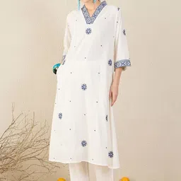 Indo Era Floral Embroidered V Neck A-Line Pure Cotton Kurta & Trousers With Dupatta-picture-21