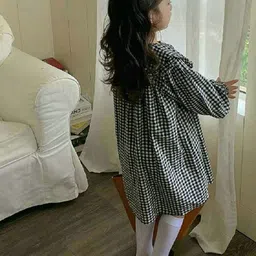 LULU & SKY Girls Gingham Checked Peter Pan Collar Monochrome Cotton Shirt Dress image 4